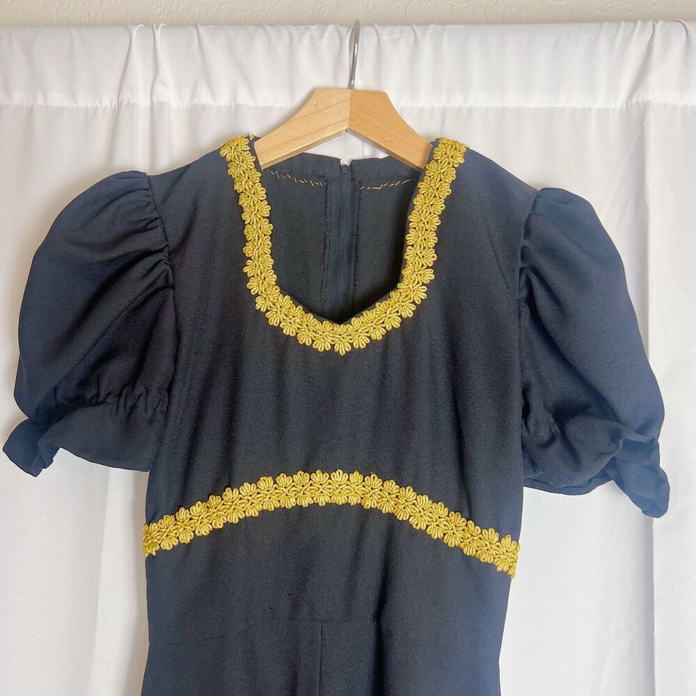 1960s Vintage Black Puff Sleeve Gown Maxi Dress Gold Trim - Picture 2 of 7